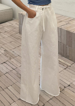 D58 雙釦綁帶牛仔寬褲