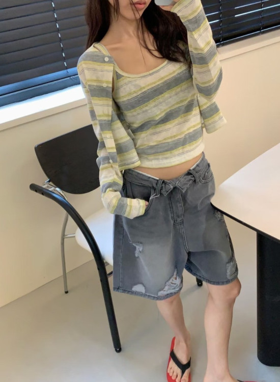 G49 韓系條紋開襟衫+背心兩件套