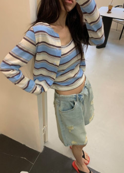 G49 韓系條紋開襟衫+背心兩件套