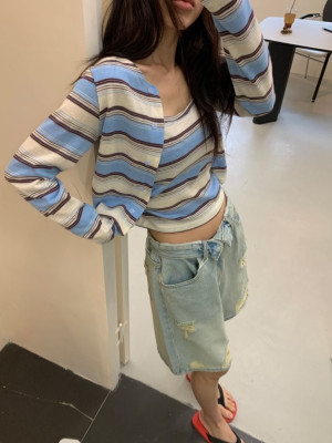 G49 韓系條紋開襟衫+背心兩件套