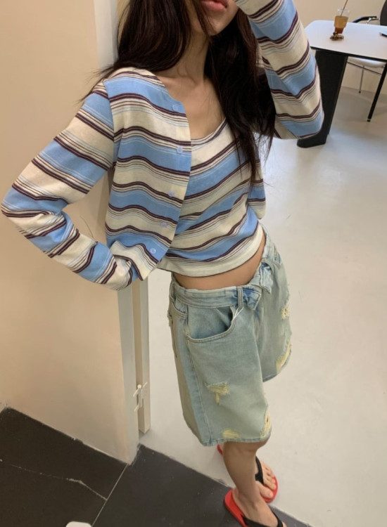 G49 韓系條紋開襟衫+背心兩件套